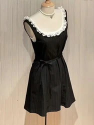 Striped Lace-up Mini Dress Woman Sleeveless U Collar A-line Short Vestidos Summer Vintage Streetwear Sweet Y2k Tank Dresses