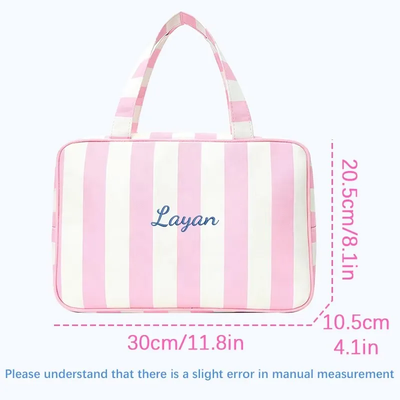Personalization Customised Embroidery Striped Handheld Toiletry Bag Portable Makeup Bag Back to School Season Gift Storage Bags