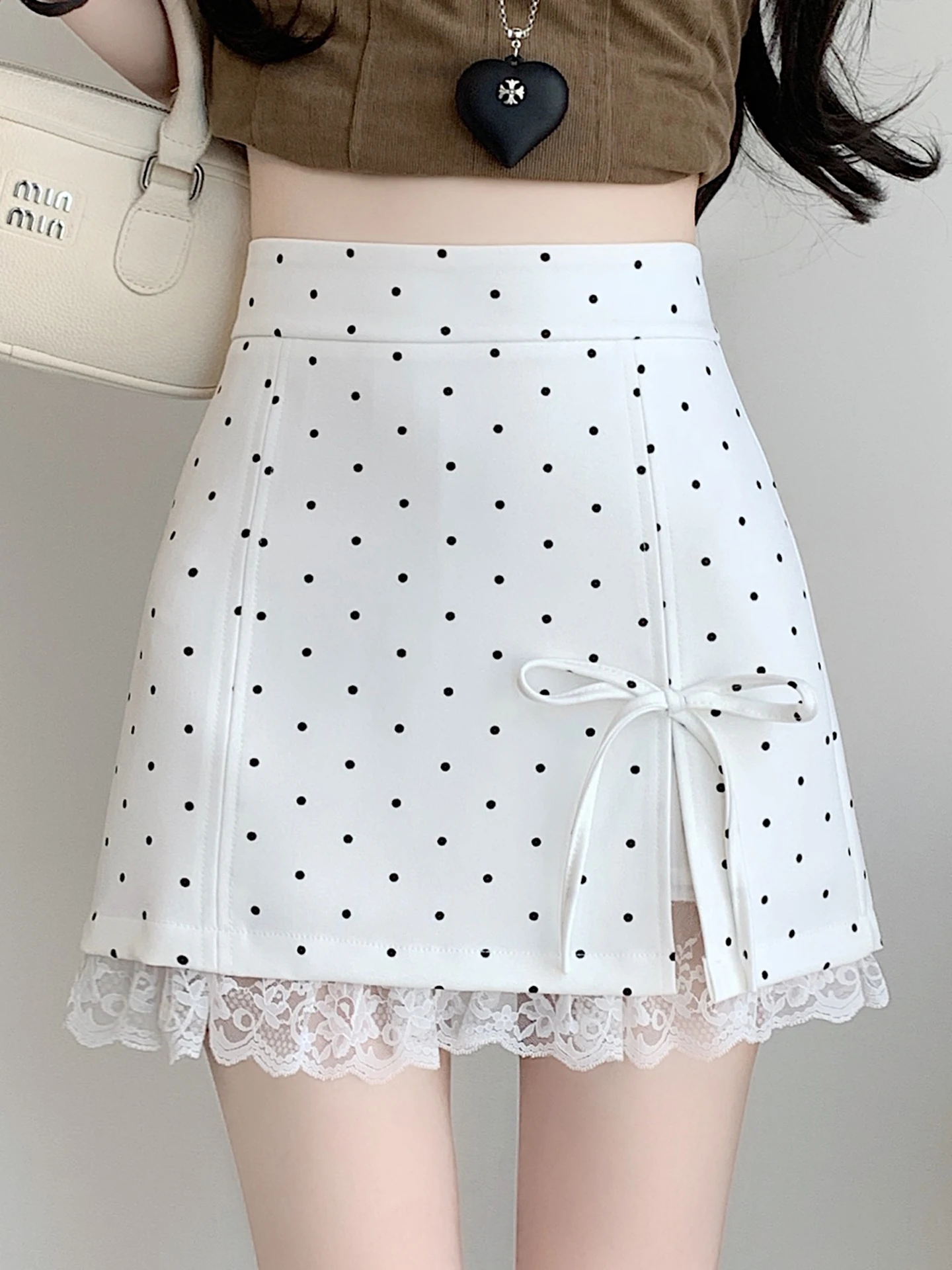 

High Waist A-Line Skirt with Lace Splicing for Women Summer Polka Dot Split Design Slimming Korean Style Commute Wear