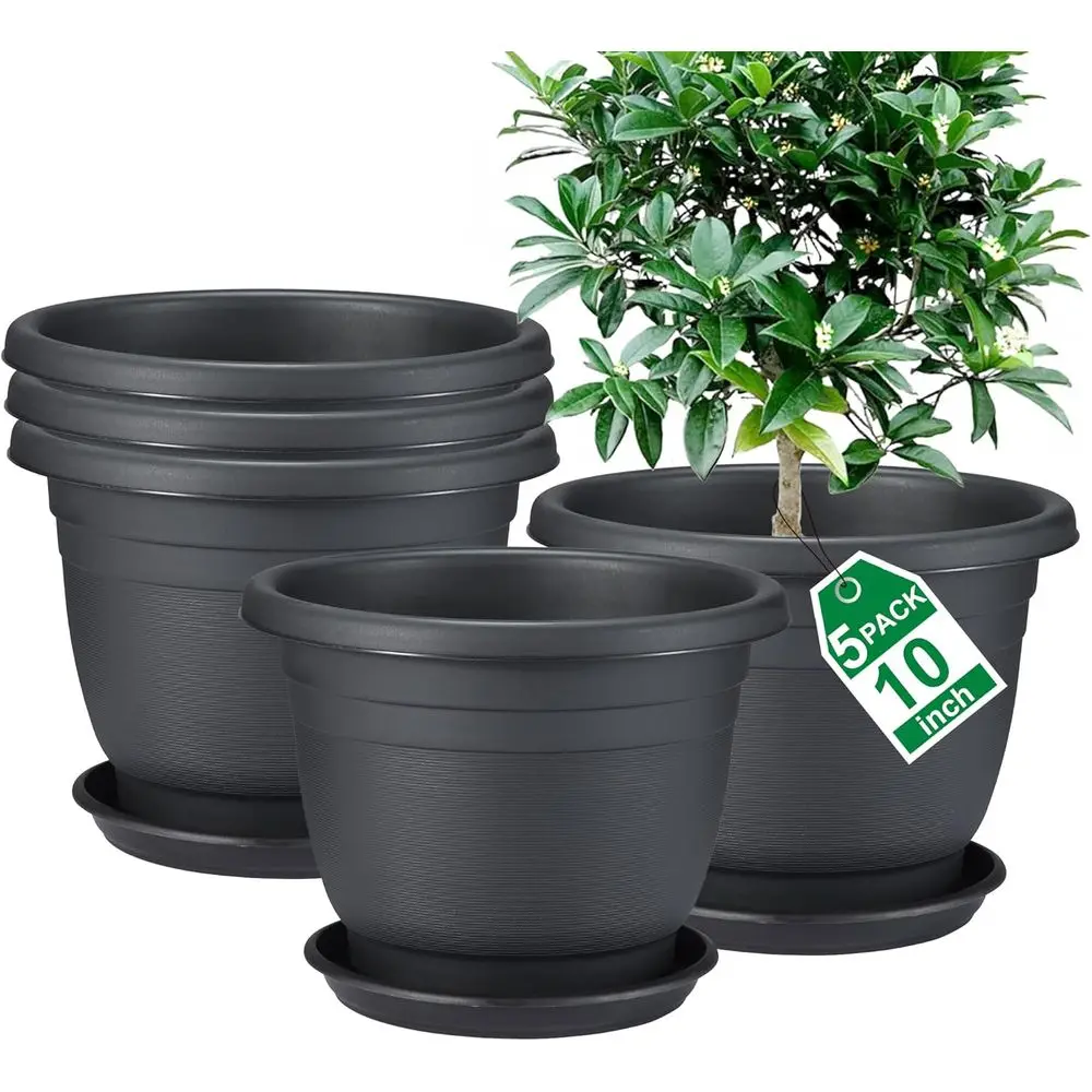 

5 Packs 10 inch Plant Pots + Saucer, Planters or Indoor & Outdoor Plants with Drainage Holes | Plastic lower Pots, Large Planter