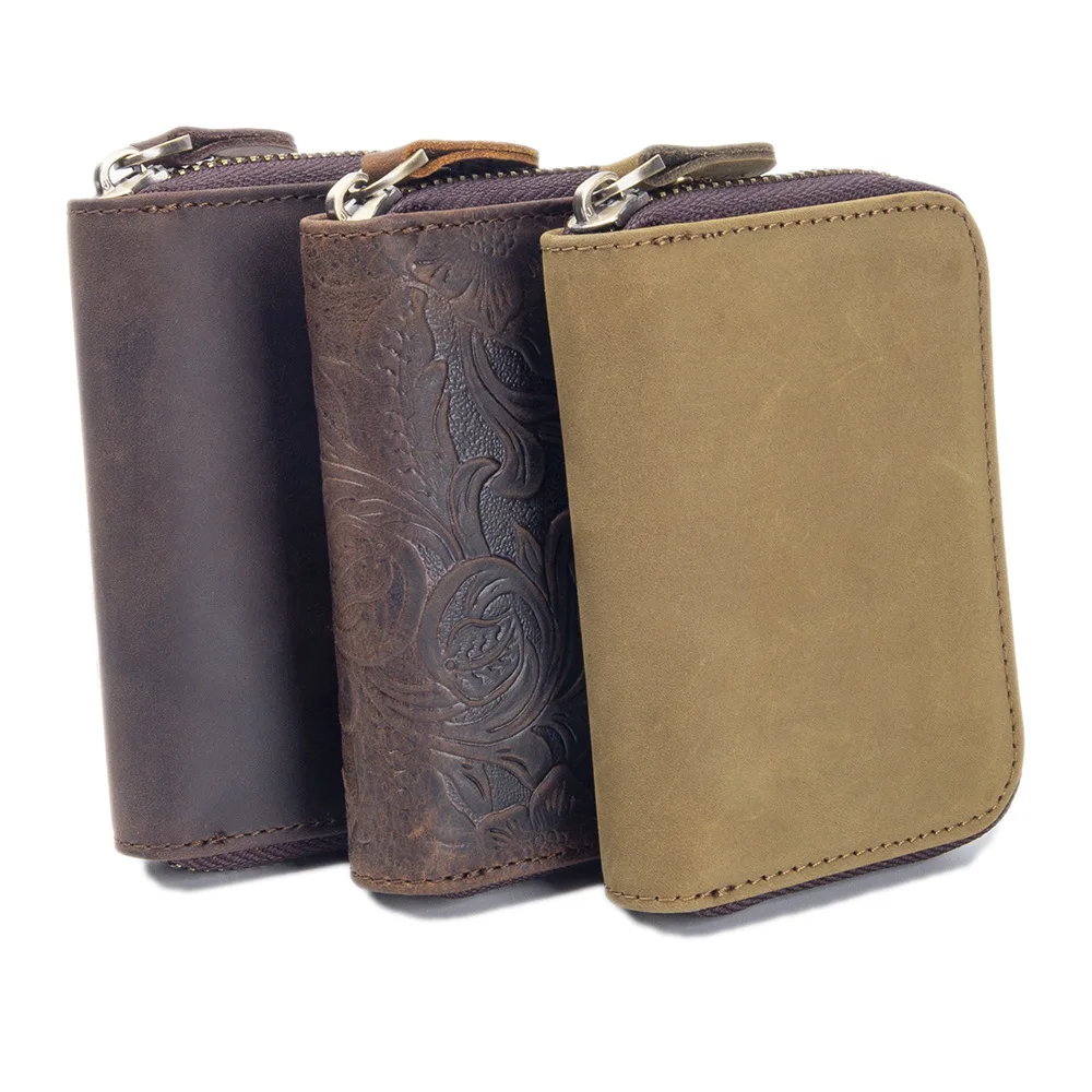 Retro men's organ card case, small and mini genuine leather top layer cowhide embossed zipper card case