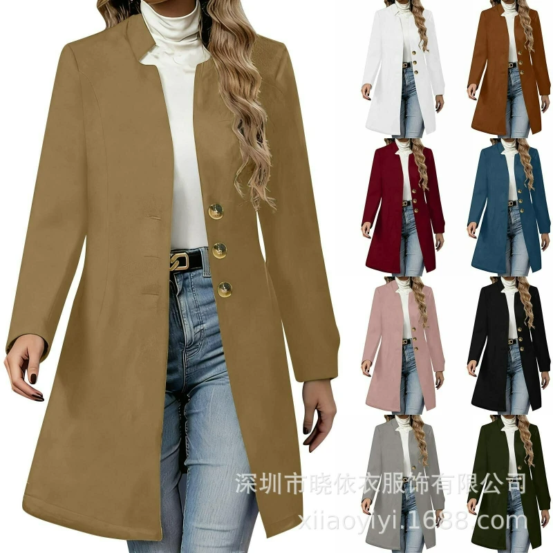 Women Blends Midi Coat Single Breasted Solid Jackets Wool Stand Collar Casual Spliced Slim Fit Full Sleeve Jacket Autumn Winter