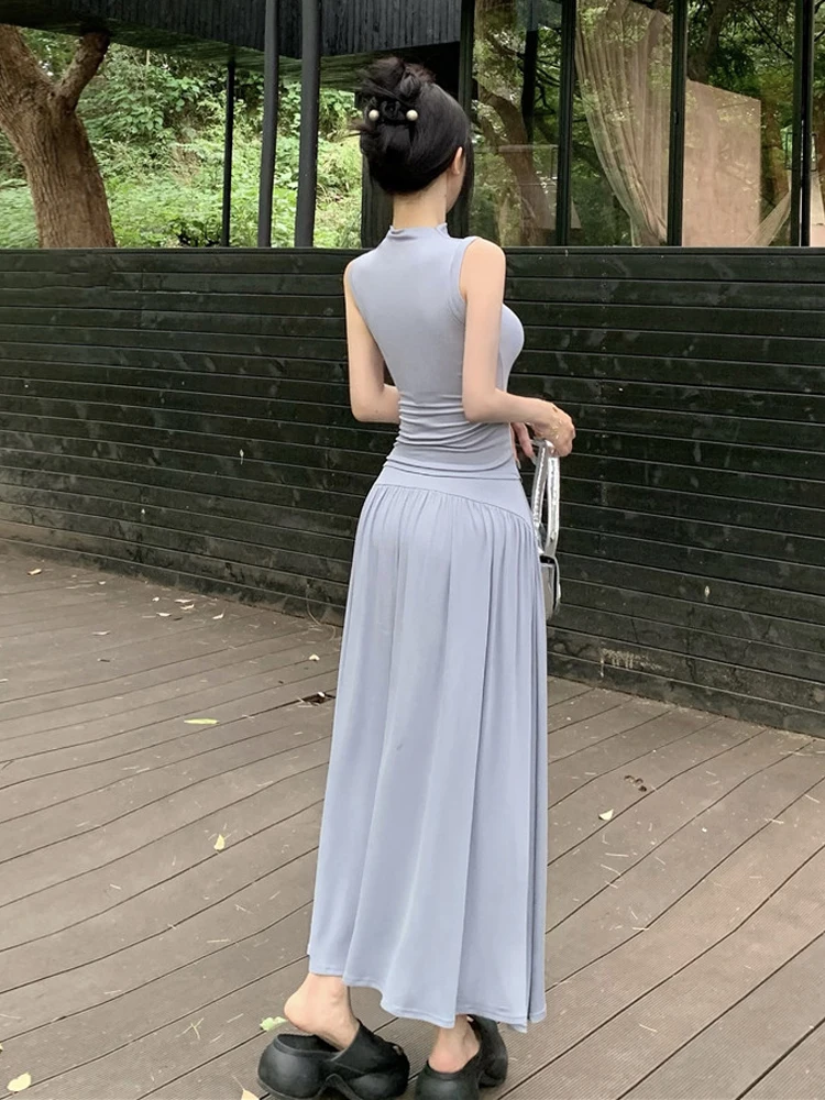 Coreano Sle Casual redondo Ne Svel chaleco Top falda de cintura alta Faionable conjunto de dos piezas pantalones de pierna ancha de cintura alta