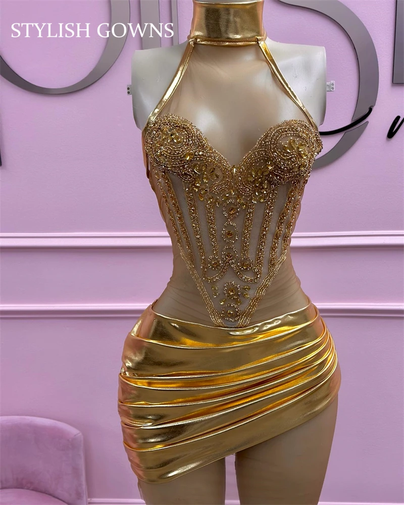 Gold High Neck Short Prom Dress For Black Girls Beaded Crystal Birthday Party Dresses Pleats Mini Mermaid Homecoming Abiti Da Co