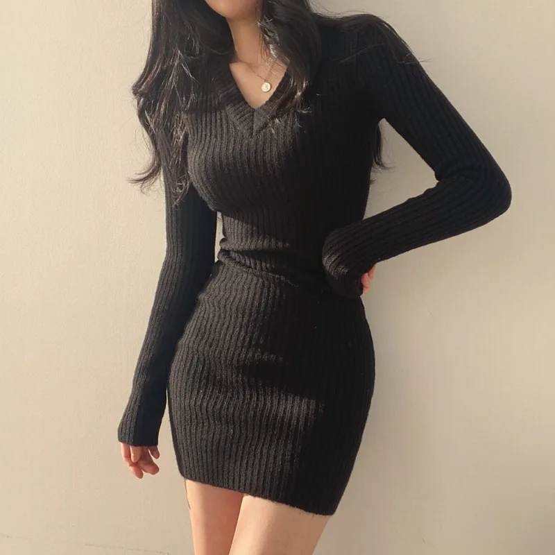 

Slim Fit V-Neck Knitted Dress Women's Sexy Tight Bodycon Dress Spring Autumn Long Sleeve Short Skirt Commute Style Pure Color