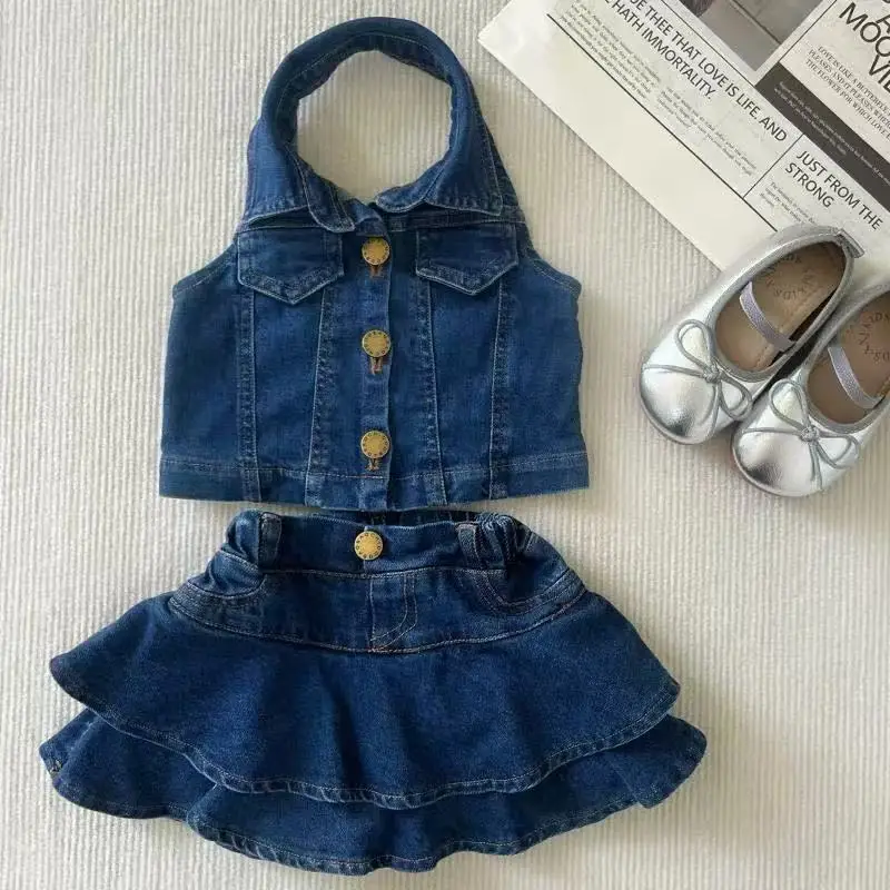 

Girls Summer Clothes Cute Denim Suit New Sleeveless Top Vest Fashionable Ruffle Edge Children's girl Short Skirt 2-pcs Set