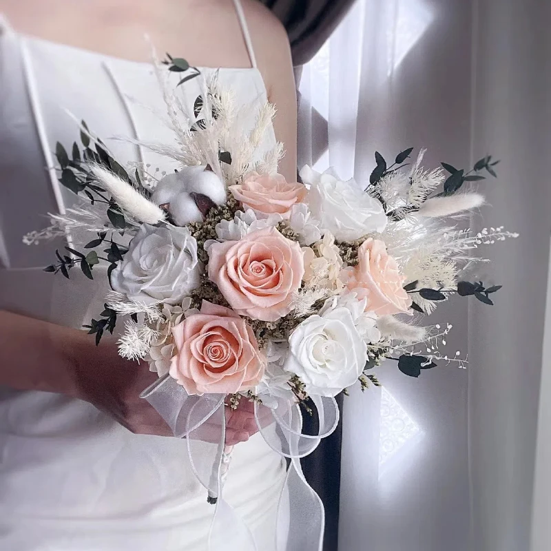 Vintage Bridal Wedding Arrangement Accessories Natural Pampas Grass Rose Flowers Bouquet Bridesmaid Party Holding Bride Bouquets