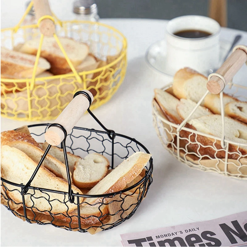 Fruit Basket Iron Snack Bread Vegetable Storage Basket with Wooden Handle Bread Storage for Bathroom Picnic Restaurant