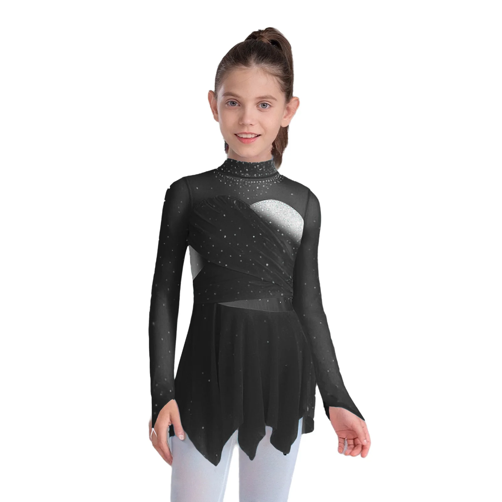 

Kids Girls Figure Skating Dance Dress Lyrical Ballet Dress Mock Neck Long Sleeves Rhinestones Irregular Hem Ruched Mesh Dress