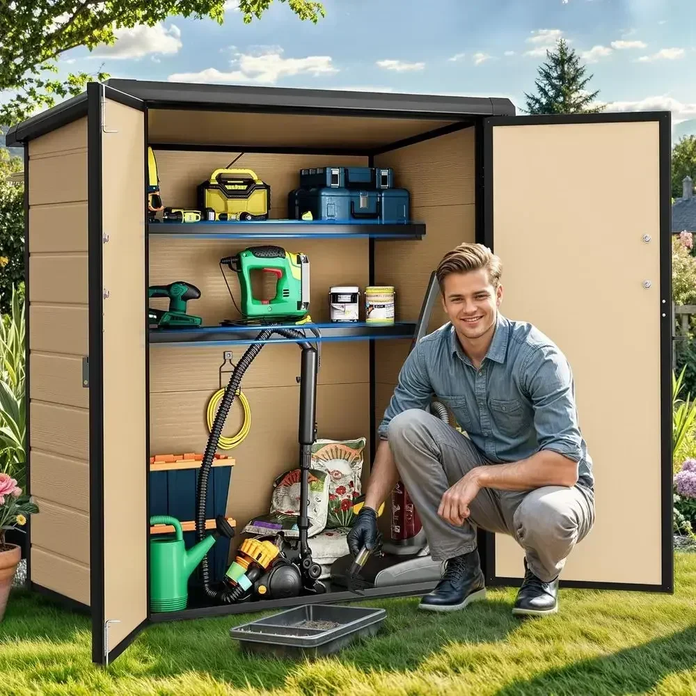 54 Outdoor Storage Shed with 2 Shelves, 4.2x2.6x5ft Tool Shed with Floor & Lockable Door, Durable Double-Wall Plastic Cabinet fo