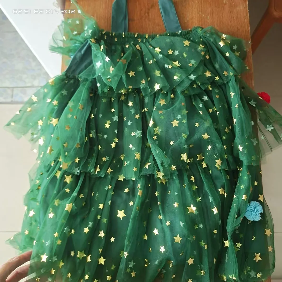 Baby Girls Christmas Tree Dress Sling Star Sequined Mesh Vestidos Layered Tulle Cake Dress with Plush Ball 1-6Y