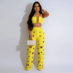 Sexy Night Party 2 Piece Sets Women Outfit Clubwear Festival Clothing Halter Strapless Crop Top and Hollow Out Wide Leg Pants