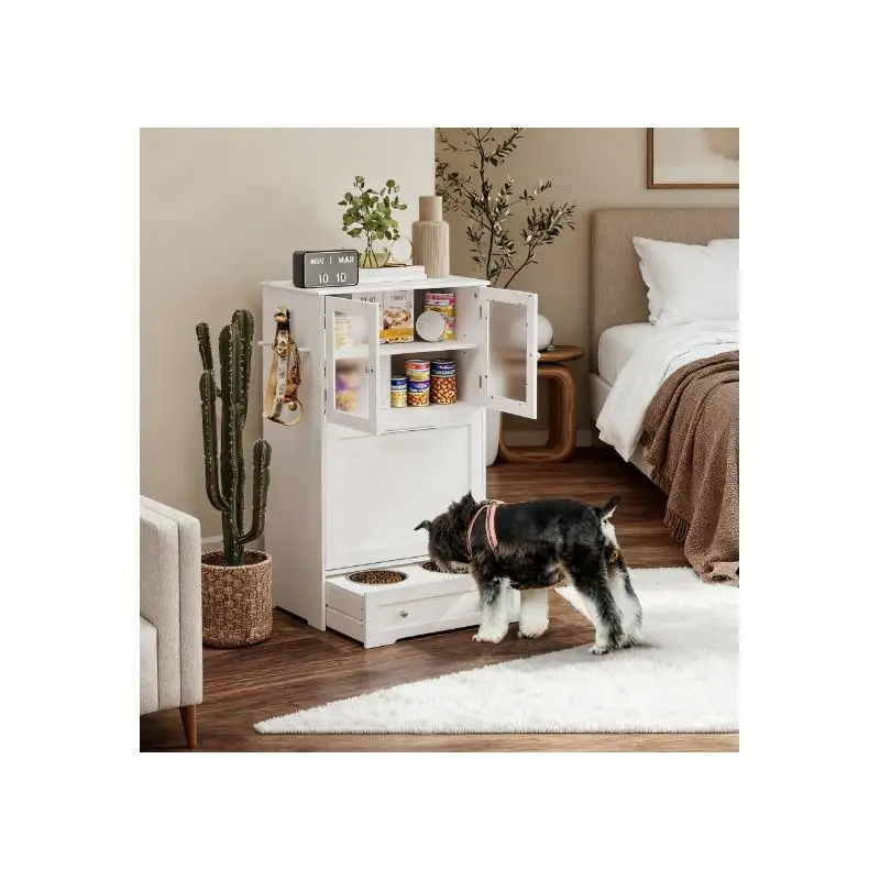 

Шкаф для хранения кормушек для домашних животных с приподнятыми мисками для собак, белая отделка