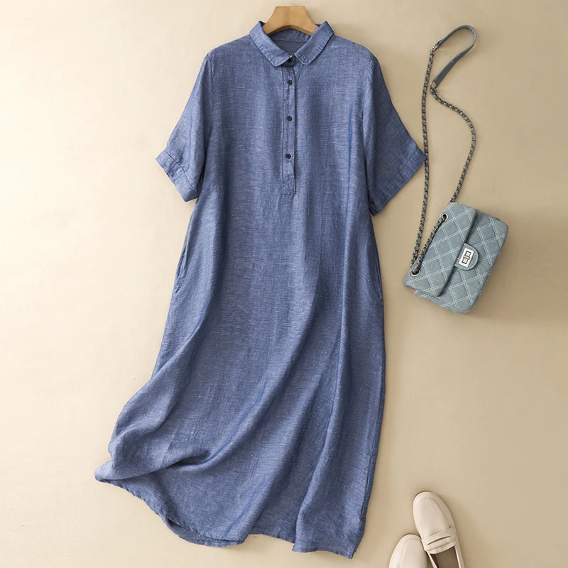 Cotton-Linen Shirt Dress Womens Summer New Korean-Style Fashionable  Denim-Look Short-Sleeve Single-Breasted Midi Casual Dress - AliExpress  200000345
