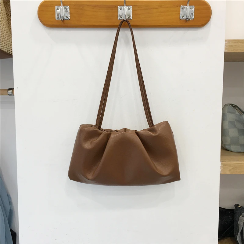 Vintage Soft Leather Solid Color Pleated Cloud Tote Bag Women Large Capacity Underarm Shoulder Bags Commuter Shopping Handbags