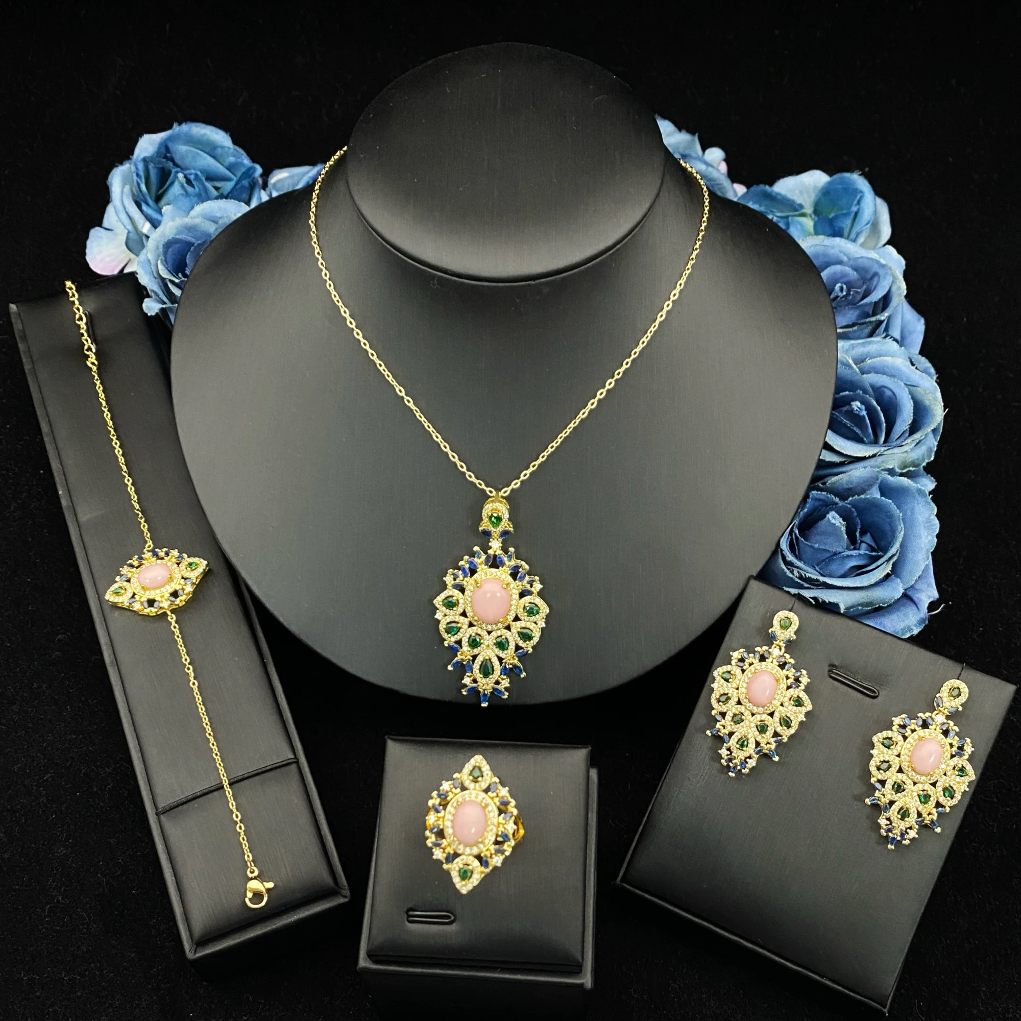 

Falair Sparkle Gold Plated Copper Zirconia Jewelry Set for Women Bracelet Open Ring Drop Earrings Set for Prom Queen