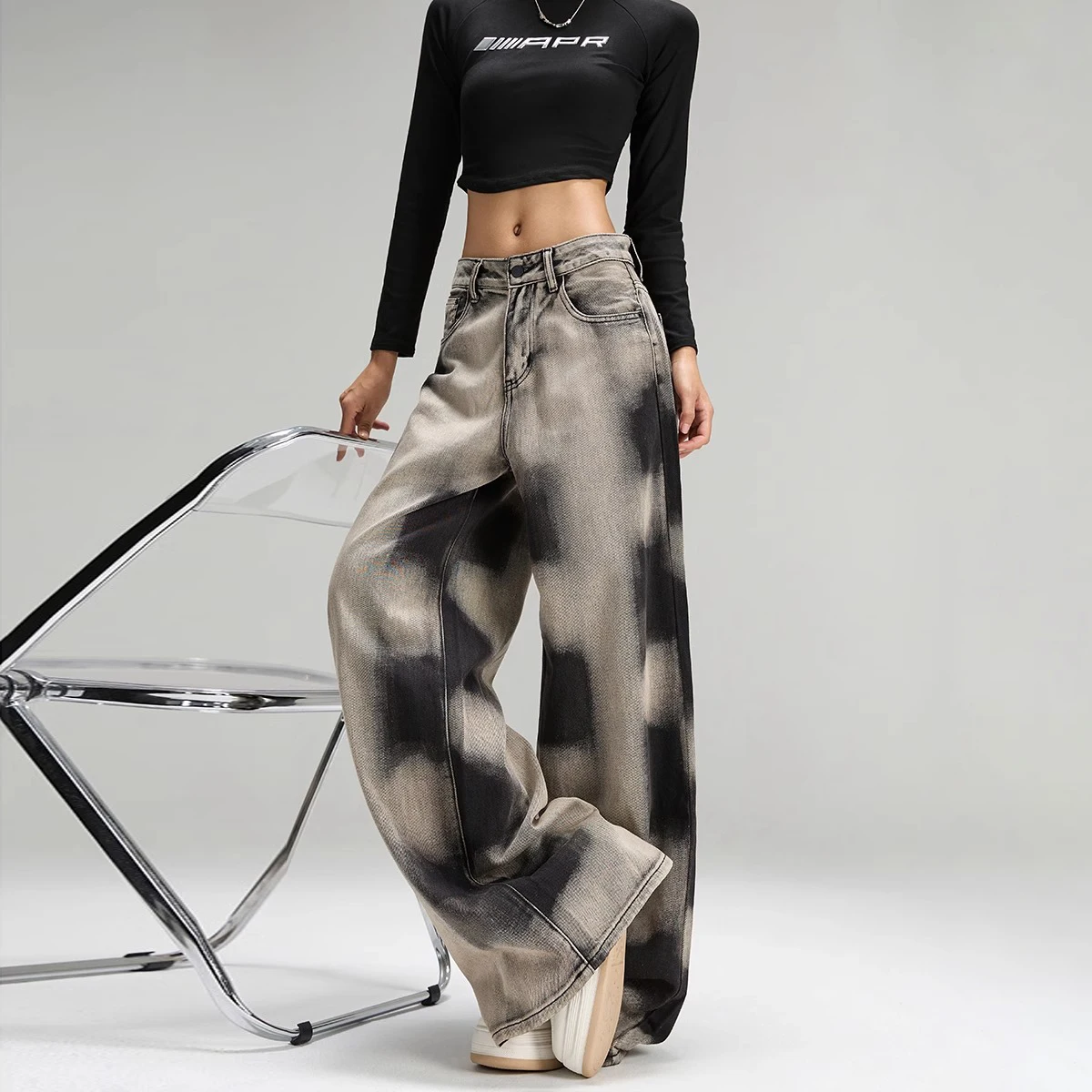 IMU Women's Black Gray Gradient Tie Dye Wide Leg Jeans Cool Girl Chic Casual Pants Female Loose Straight High Waist Denim Trouse
