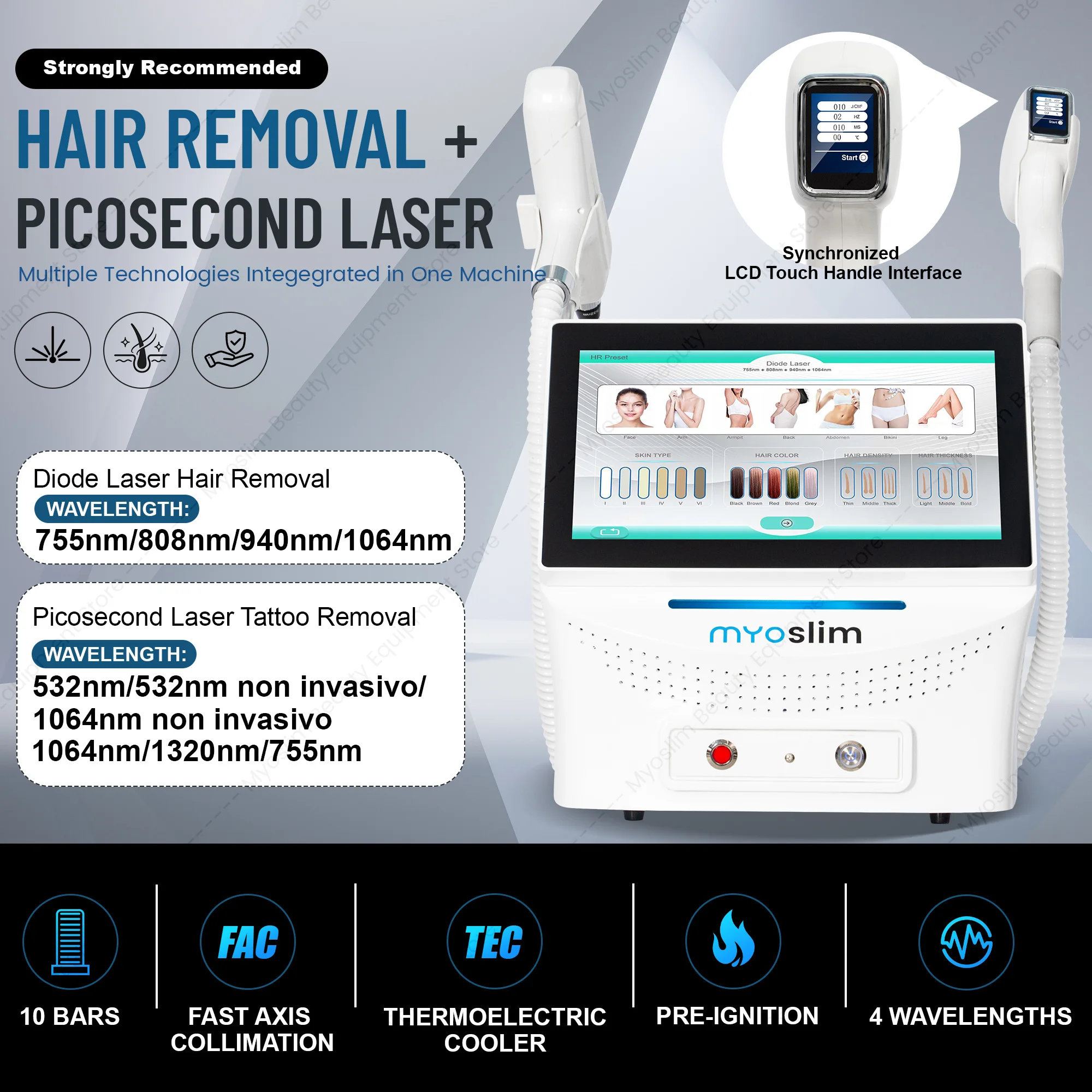 808nm Professional 4-Wavelength 2-in-1 Diode Laser Hair Removal and Picosecond Beauty System with Smart Touch Control