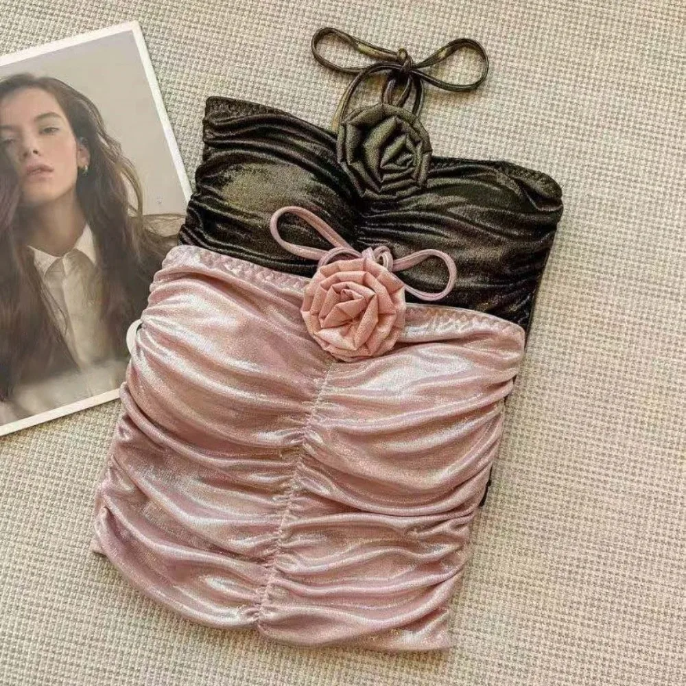 

3D Rose Flower Decoration Rose Flower Camisole Slim Fit Spice Girls Crop Tops High-end Feeling Versatile Suspender Vest Ladies