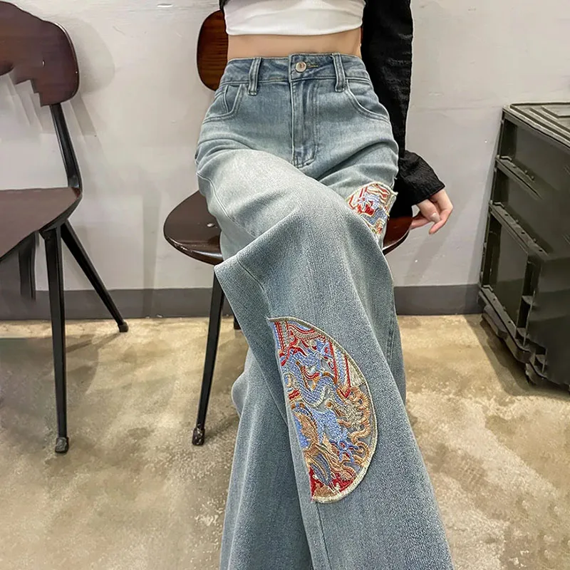 High Waist Vintage National Style Embroidered Wide-Leg Jeans Women's New Spring Summer Loose Thin Narrow Straight Mop Pants