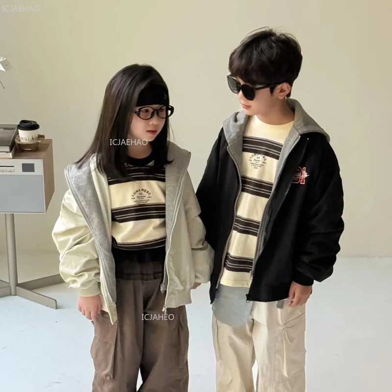

Kids Jacket Boys Girls Korean Style Unisex Toddler Fake Two-Piece Jacket Letter Print Hoodie Long Sleeve Baseball Coat Autumn
