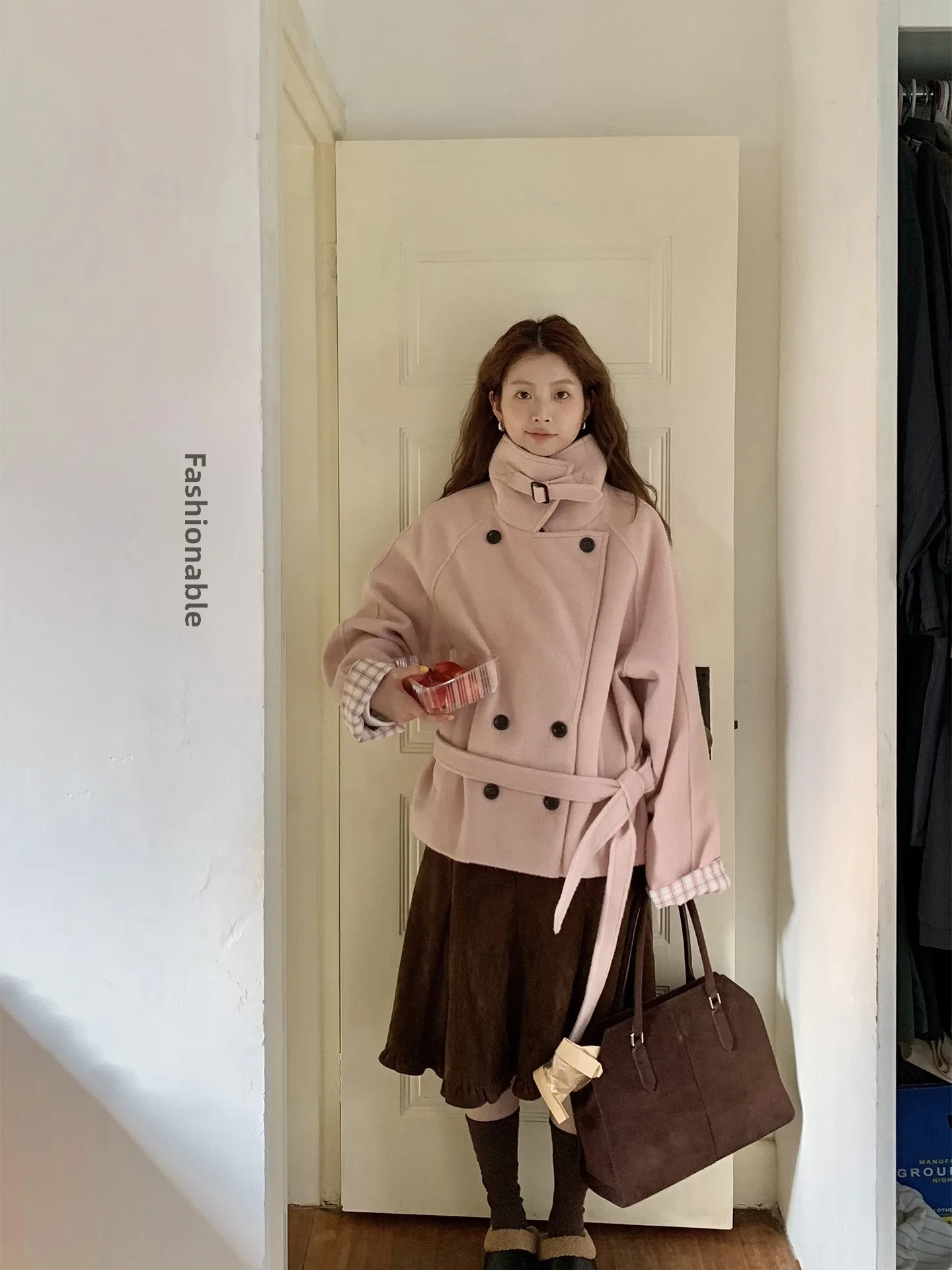 

G Sle Women's Thiened ort Woolen Coat Pink Beautiful Pure Color Commute Simple Sle Polyester 70% Wool 20% Viscose 0%