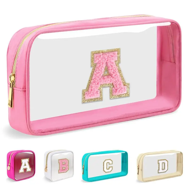 Simple, large-capacity, multi-color initial letter makeup bag with chenille patches and nylon toiletry bag
