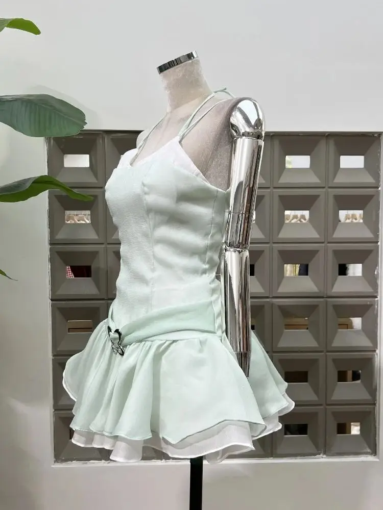 2025 robes d'été femmes Patchwork sans manches vert menthe Spaghetti mode nouvelle tenue vêtements fête d'anniversaire robe de danse chaude