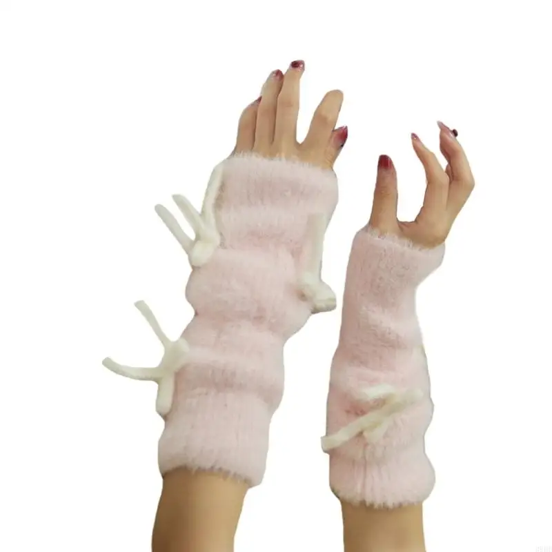 Gants mariée Punk 39BD, gants poignet en fourrure avec nœud pour fête costumée, chauffe-bras d'hiver pour