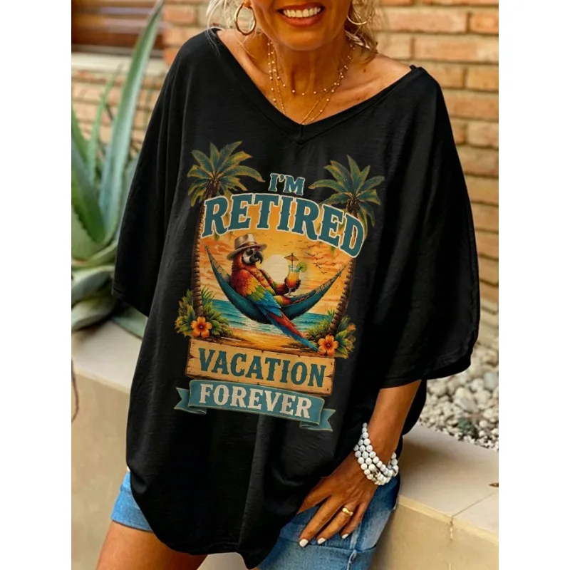 ilstile Women's Parrot Letter Print T-Shirts Summer Holiday Short Sleeve Casual Loose V Neck Long Tops Black White Tees NEW