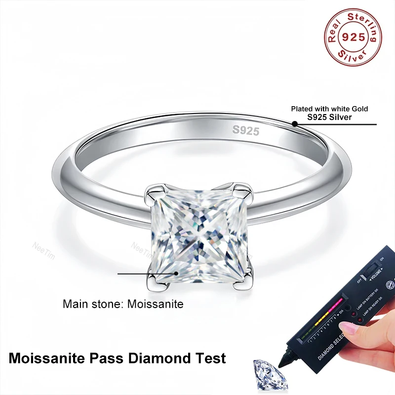 NeeTim 여성용 프린세스 컷 모이사나이트 다이아몬드 반지, 2ct VVS1, S925 스털링 실버 이터니티 밴드, GRA가 있는 웨딩 파티 쥬얼리