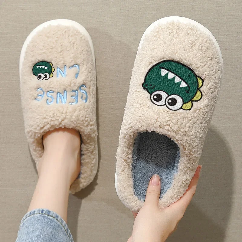 Casa Fuzzy Slipper donna dinosaur Winter Fur Contton Warm Plush antiscivolo Grip Indoor Lazy Female Floor Shoe Flat Men