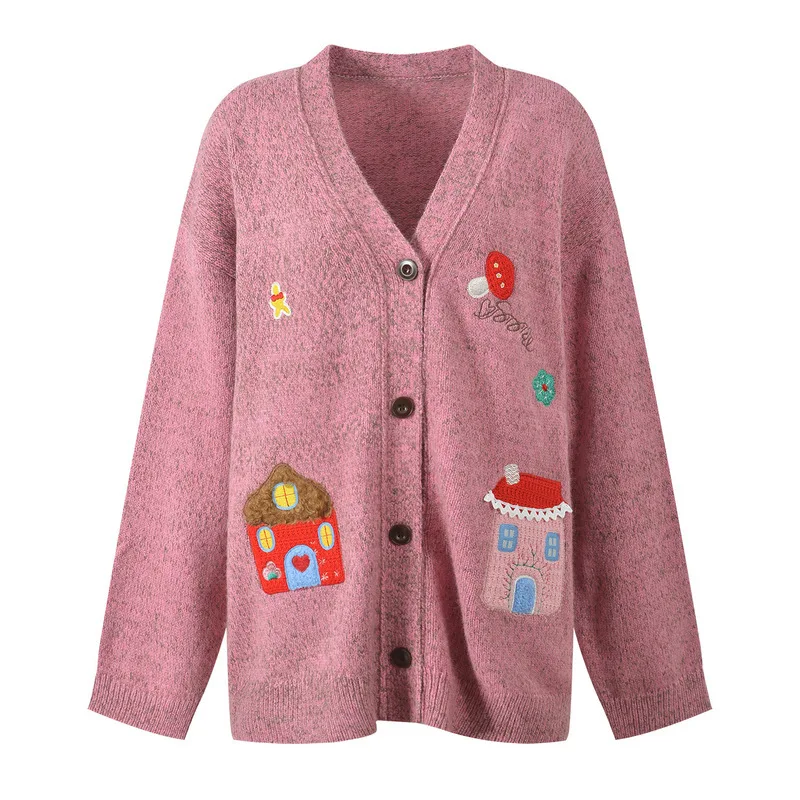 CHUJIE 025 الخريف جديد الأزهار الغزل الكروشيه منزل طويل الأكمام الخامس الرقبة فضفاضة تنوعا محبوك سترة سترة