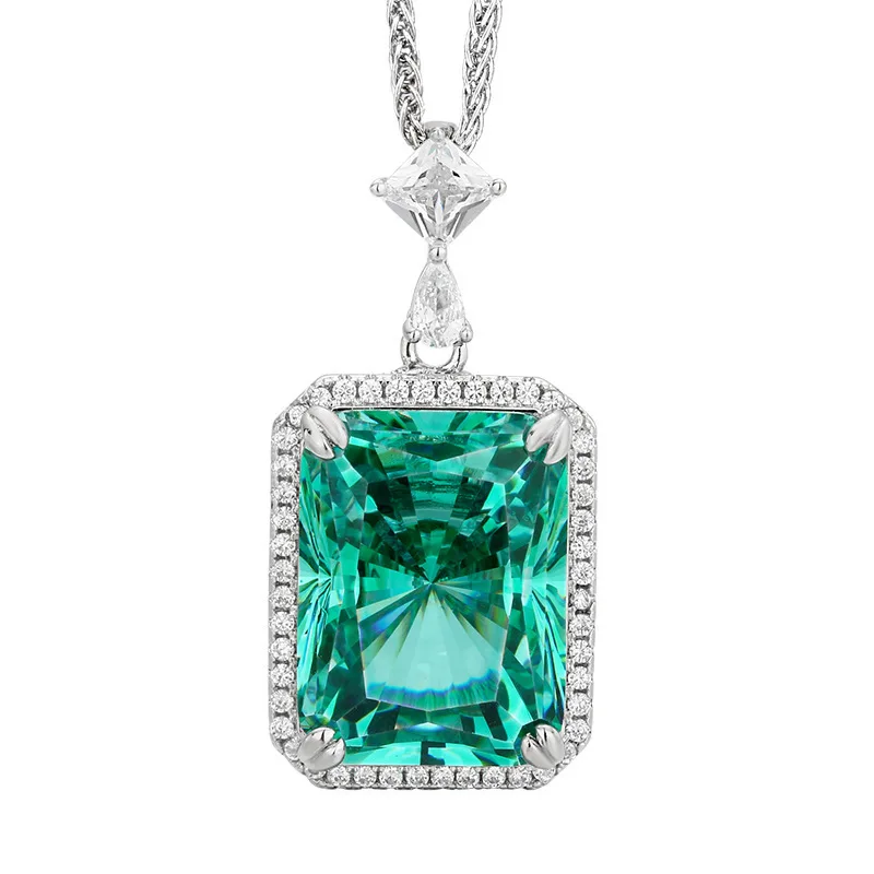 15x20mm Paraiba Tourmaline Color Pendant Necklace Square Emerald Cut Green Gemstone Halo Pendant Luxury Party Jewelry for Women
