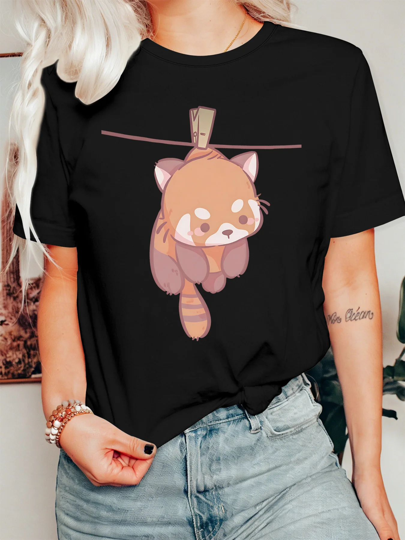 Cute Hanging Red Panda Womens Crew Neck Short Sleeve T Shirt Peg Lovely Cartoon Animal Playful Casual Graphic Tees For Ladies