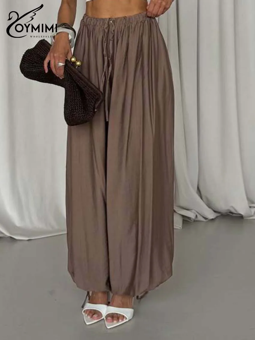 Oymimi Elegant Blue Loose Women's Pants Fashion Mid Waisted Drawstring Trousers Casual Solid Pockets Ankle-Length Pants Female