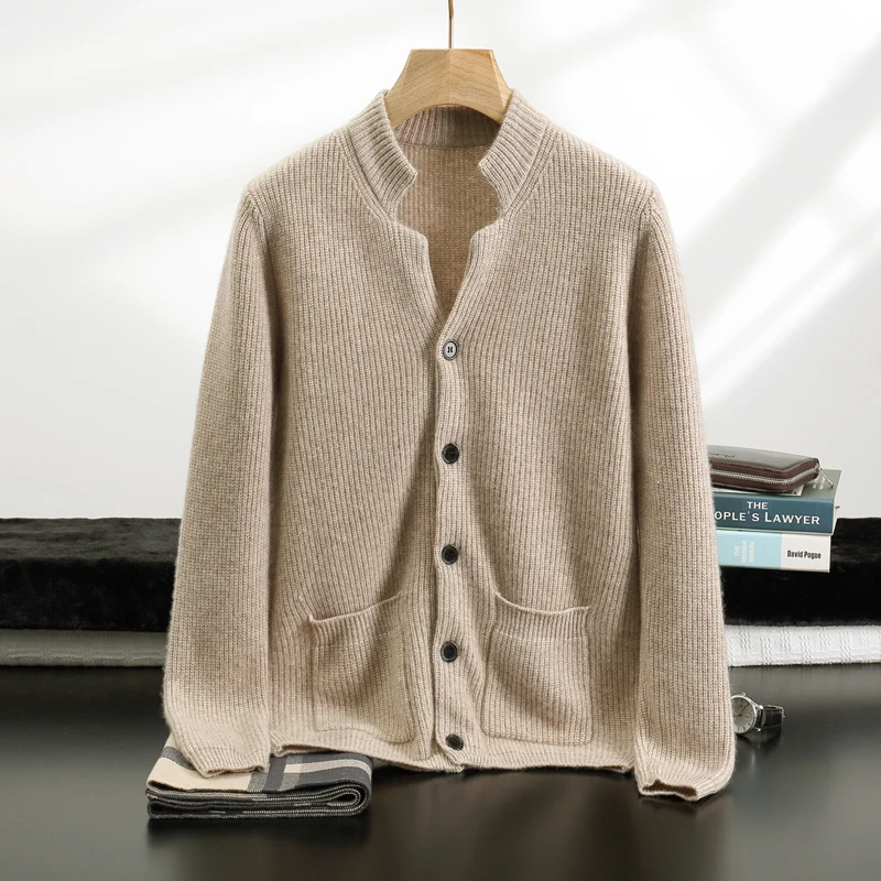 Men's Autumn Winter V-Neck 100% Pure Cashmere Knitted Open Cardigan Sweater Loose Business Casual Outerwear Clothing A