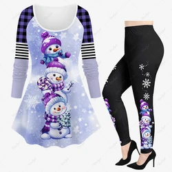 2023 New Christmas Tree Candy Snowflake Snowman Plaid Stripe Print Raglan Sleeve T-shirt Or Leggings Casual Matching Set XS-6X