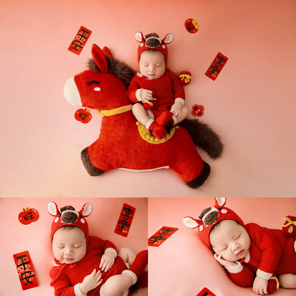 Newborn Growth Memorial Photography Props Red Knitted Horse Costume Plush Horse-Shaped Baby Posing Doll for Studio Holiday Shoot