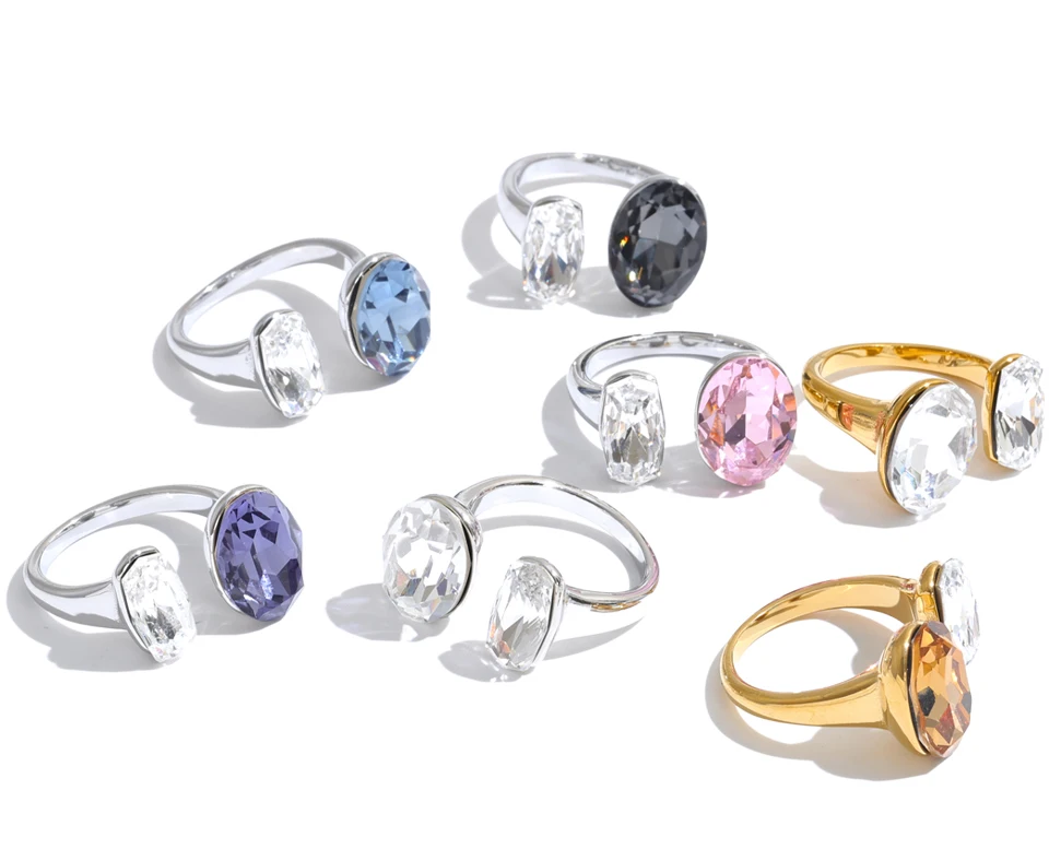 Yhpup Mehrfarbiger Edelstahl-Ovalring mit K9-Kristall, verstellbar, für Damen, 18K Goldfarben, PVD-beschichtet, glänzend, beliebter Schmuck – Detail 3