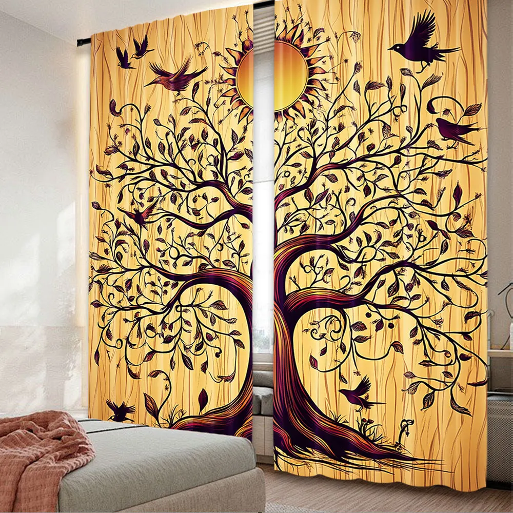 2Pcs Ethnic Curtain Vintage Tree Of Life Sun And Birds Animals On Branches Enchanted Suitable For Bedroom Living Room Dining