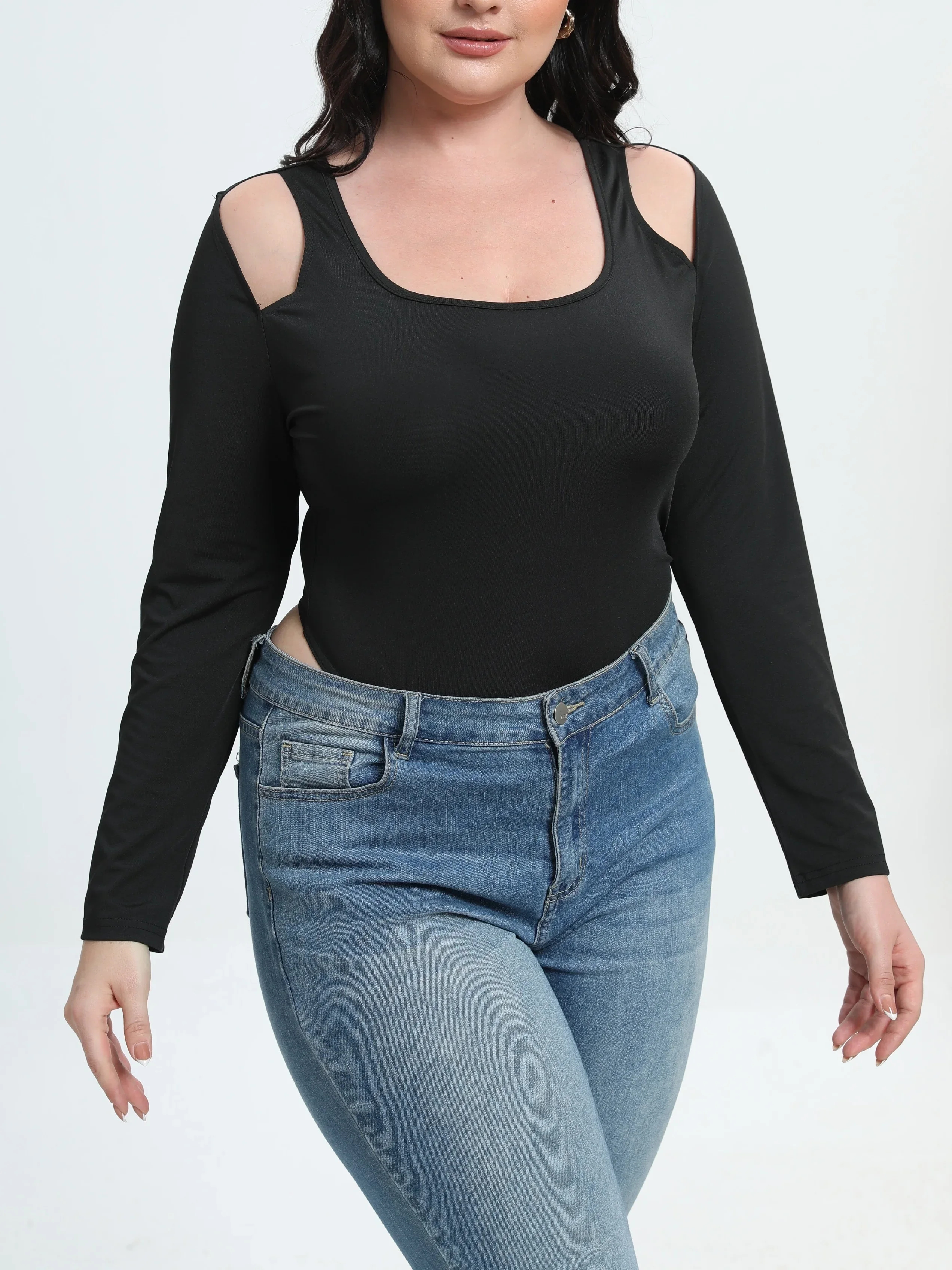 Plus Size Damskie body casualowe w jednolitym kolorze z wycięciem z długim rękawem i wykończeniem Skinny Bodysuit Ladies Slim Fit Blouse Top 2024