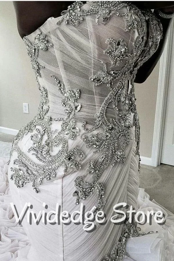 Customized Luxury Babydoll Fishtail Wedding Dress Corset Lace Appliqué Rhinestone Decoration Puffy Tail Bridal Gowns