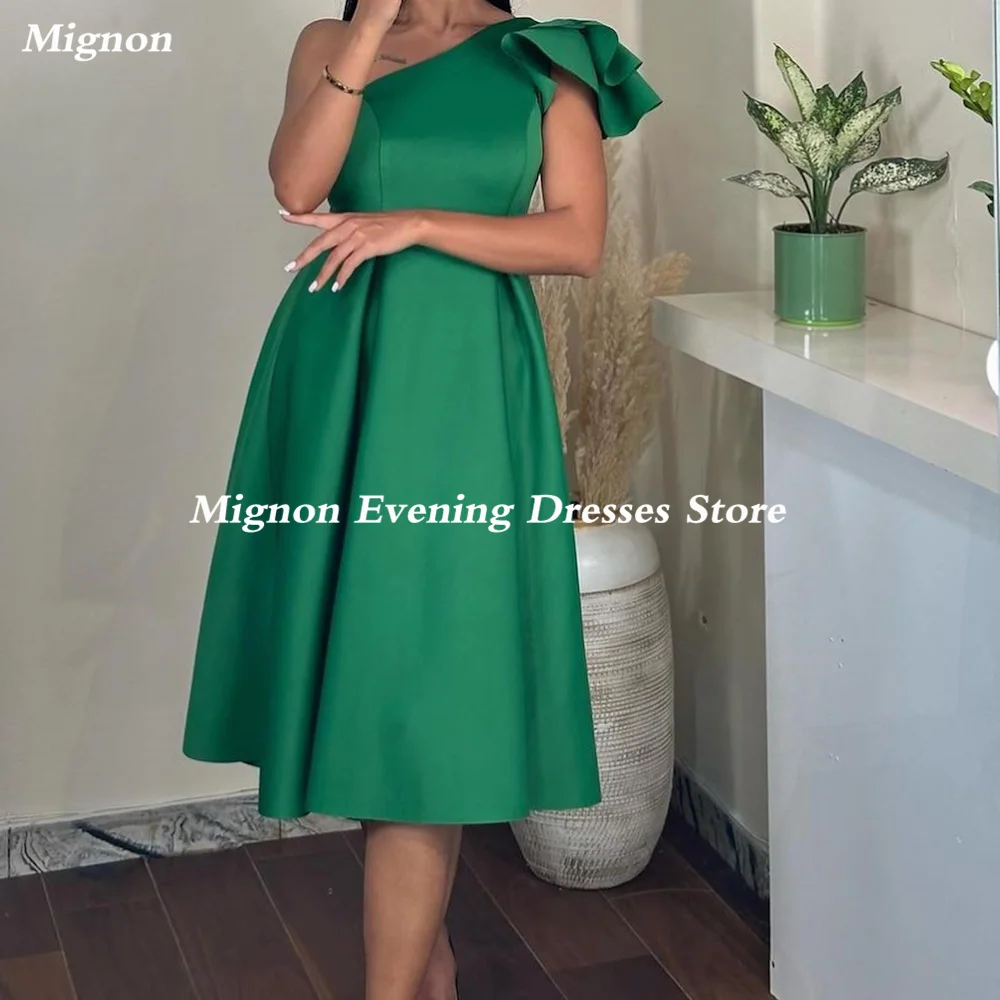 

Mignon Satin A-line One-shoulder Ruffle Arab Prom Gown Tea-length Saudi Elegant Formal Evening Party Dress for Women 2023