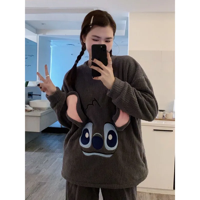 Stitch Korean Style Round Neck Pajamas For Women And Men Winter Plush Thick Trend Sleepwear Set Loose Casual Couple Home Clothes