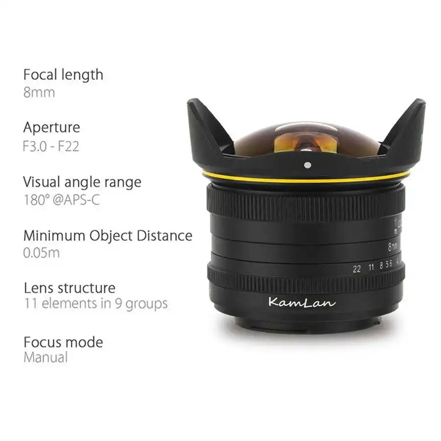 KamLan 8MM F3.0 Fisheye Lens APS-C MF Wide Angle For Fuji XF Canon