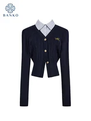 Preppy Style Basic Navy Cardigan Patchwork schlank Herbst Winter gefälschte zweiteilige Design Polo Kragen Strick pullover 90er Jahre