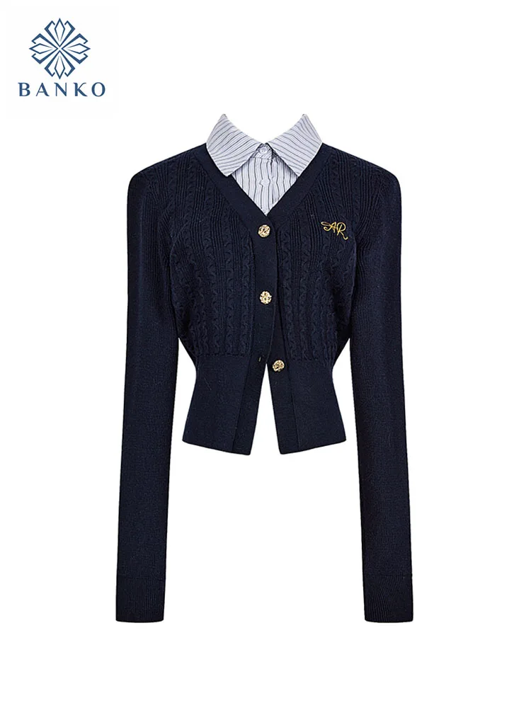 Preppy Style Basic Navy Cardigan Patchwork Slim Autumn Winter Fake Two Pieces Design Polo Collar Knitted Pullover 90s