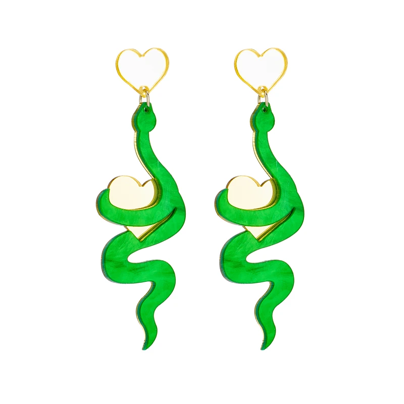 YAOLOGE Green Snake Heart Acrylic Mirror Drop Earrings For Women Exaggerated Cartoon Animal Female Ears Jewelry Party Gifts