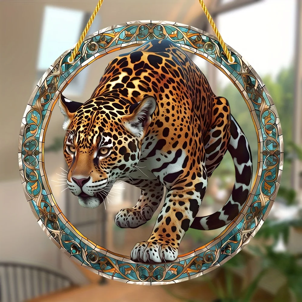 Jaguar-Themed Stained Glass Window Hanging-Round Acrylic Sun Catcher,Perfect For All Seasons,Indoor&Outdoor,Ideal Birthday Gift